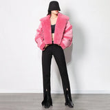 Fongt Integrated Thick Coat Female 2024 New Lapel Solid Color Stitching Lamb Wool Short Jacket Female-Outfit