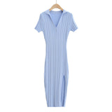 New Spring Temperament Slim Polo Neckline Elastic Knitted Short-Sleeved Side Forked Dress-Outfit