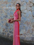 Fongt Women's Clothing Hanging Neck Strapless Pocketed Hips Striped Dress