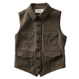 Brown Short Woolen Vest Jackets Women Spring Autumn Single-breasted Pocket Waistcoat Sleeveless Tank Outerwear Casual