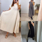 Fongt New Women's Elegant Fashion Round Collar Sleeveless Pleated Winter Dress