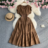 Fongt Gentle Wind Ruffle Collar Dress Female Summer Simple Pure Color Double Flying Sleeve Design Platycodon Grandiflorum First Love Skirt-Outfit