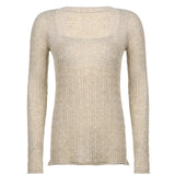 Women's Spring 2023 New Vintage Low-Cut Square Collar Twist Khaki Woolen Top-Outfit