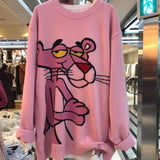 Fongt Women Sweater and Pullovers Loose Style Chic Jumpers 2023 Cartoon Printed Pink The leopard Winter Sweater Pullovers Knitwear 1215-1-Outfit