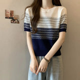 Fongt Gradient Striped T-Shirt Women's Summer New Oceanic Ice Silk Sleeve