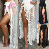 Women Mesh Sheer Beach Bikini Cover Ups Vacation Sunscreen Wrap Skirt 2023 New RufflesDot High Waist Split Bikini Cover Up-Outfit