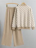 Plaid Sweater Two Piece Set Fall Winter V-neck Knit Cardigan Jackets Conjuntos Casual High Waist Wide Leg Pants Outfits