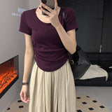 New Summer Design Feel U-Collar Short-Sleeved T-Shirt Women Fold Slim Look Thin Inside A Solid Color Short-Style