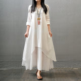 Fongt Spring And Autumn New Fake Two Long Dress Literary And Wide Linen Dress Loose Long-Sleeved Solid Cotton Dress