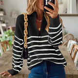 Sleeve Patchwork Striped Women Jumpers Casual Ladies Knitted Sweaters Fashion Zip V-Neck Tops Pullover Lady Autumn