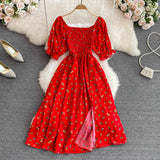 Summer New French Soft Style Sweet American Collar Bubble Short Sleeves Waist Show Thin Forked A-Shaped Dress-Outfit