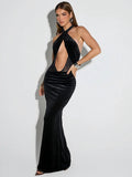 Black Cut Out Halter Velvet Maxi Dress-Outfit