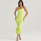 Women's Green French Sling Dress Women's Ostrich Hair Splicing Temperament High-End Thin Sling