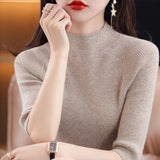 Fongt Summer Slim Head Five Minute Sleeve Bottom Top New Half High Collar Solid Color Simple Medium Sleeve Sweater Women-Outfit