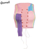 Women Ribbed Sexy Hollow Out Clubwear Y2K Top Striped Patchwork Stretchy Bandage Drawstring Sleeveless Party