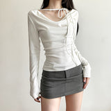 Solid Collar Neck Tie Long Sleeve Knitted Tee-Outfit