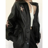 Star Patchwork Pu Leather Jacket-Outfit