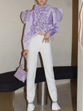 High Street Patchwork Ruffle Blouses For Women Stand Collar Loose Puff Sleeve Casual Shirts Female 2021 Style