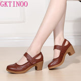 2021 Cut Out Women Pumps Breathable Women Shoes Hook&Loop Thick High Heels Soft Mary Janes Dancing Shoes