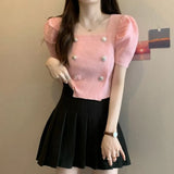 Temperament Button T-Shirt Girl Summer New Korean Hoodie Thin Square Collar Fashion Wear Short-Sleeved