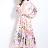 Fongt Court Elegant Fashion Print Single-D Row Lantern Sleeve Dress Women's Waists Thin Big Brand Long Dress