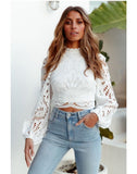 Women's Long Sleeve Lace Blouses Tops White Crochet Hollow Out Turtleneck Stylish Cropped Shirts Female Pullovers