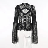 Dark Lace Mall Gothic See Through Women Blouses Grunge Aesthetic Flare Sleeve Black Shirts Vintage Slim Alternative