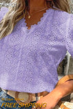 Hollow Lace Blouse Women Elegant Vintage Shirts Puff Sleeve Tops Pullover White Women Fashion V-neck Solid Shirt