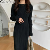 New 2022 Spring Winter Women Sweater Dresses Vintage Elegant Lady Elasticity Fashionable Basic Long Dresses