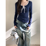 Lace Trim Front Tie Long Sleeve Tee-Outfit