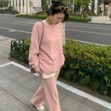 New Casual 2 Pieces Knitted Set Long Sleeve Patchwork Sweater Long Trousers Autumn Winter Female Wide Leg Pants