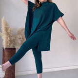 Fongt 2025 New Solid Color Round Neck Large-Size Short-Sleeved Knitted Shirt Casual Set