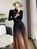 Gradient Pleated Long Skirt-Outfit