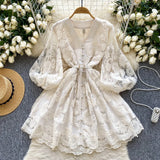 Fongt Sweet Court Style V-Neck Lantern Sleeve Embroidery Collection Thin Single Buckle A Word Elegant Dress Woman