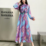 Fongt Retro Elegant Dress Women's Summer New Sweet Wooden Ear Splicing Long Sleeves Waist-Print Dress