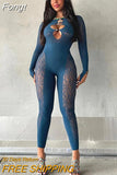 Slash Neck Cut Out Mesh Print Jumpsuit Women Long Sleeve Button See Through Pencil Pants One Piece Rompers 2023 Spring