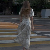 Fongt New Women's Wear Collar Bubble Sleeve Side Open Fork Wave Dot Long Dress