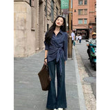 Fongt Temperament To Collect Blue Striped Shirt Women Spring And Autumn Small Design Slim Slim Long Sleeve Top