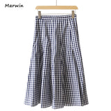 Spring Summer Printing Plaid Pattern Empire Elastic Women A-Line Two Color High Street Style