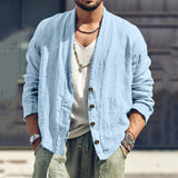 Retro Men Button-up Casual Solid Color Cotton Linen Tops Basic Long Sleeve Shirts Clothes Mens Fashion Streetwear-Outfit