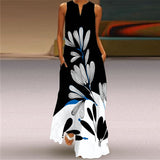 Printed Sleeveless Maxi Dress Women Casual V-neck Robe Dresses Female Plus Size Beach Holiday