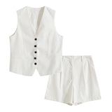 Fongt Summer Leisure Vest Set Linen-Blend Loose Vest + Shorts Set Women K27788