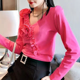 Slim Stylish Folds Spliced T-shirt 2023 Spring Autumn Female Elegant V-Neck Floral Three-dimensional Decoration Pullovers-Outfit