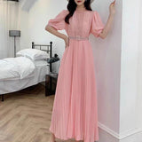 Fongt Elegant Half-High Collar Bubble Sleeve Pressure Folding Dress With Thin Temperament Female Chiffon Long Dress