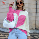 Women Heart Print Sweaters Hollow Out Design See Through O-Neck Long Lantern Sleeve Spring Autumn Casual Loose Knitted