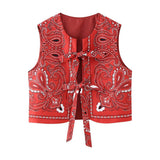 Fongt Women's Summer New Casual Wind Collar Tie With Printed Cotton Vest