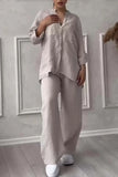 Fongt New Women's Solid Color Single-Button Long-Sleeved Shirt Two Sets Of Wide Leg Trousers With
