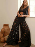 2025 New Solid Color Split Beach Pants Set Sexy Net Eye Hollow High Waist Vacation