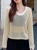 New Summer Style Thin Hollowed-Out Sweater Women's Round Collar, Long Sleeves, Loose Jackets, Fashion Blouses-Outfit