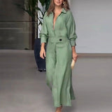 Fongt 2024 New Temperament Female Commuter Belt Solid Color Waist Long Sleeve Irregular Shirt Dress
